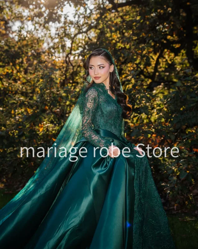 Hunter Green Afghan Lace Nikkah Wedding Dresses with Overskirt Long Sleeve Bride Engagement Dress Garment Customized