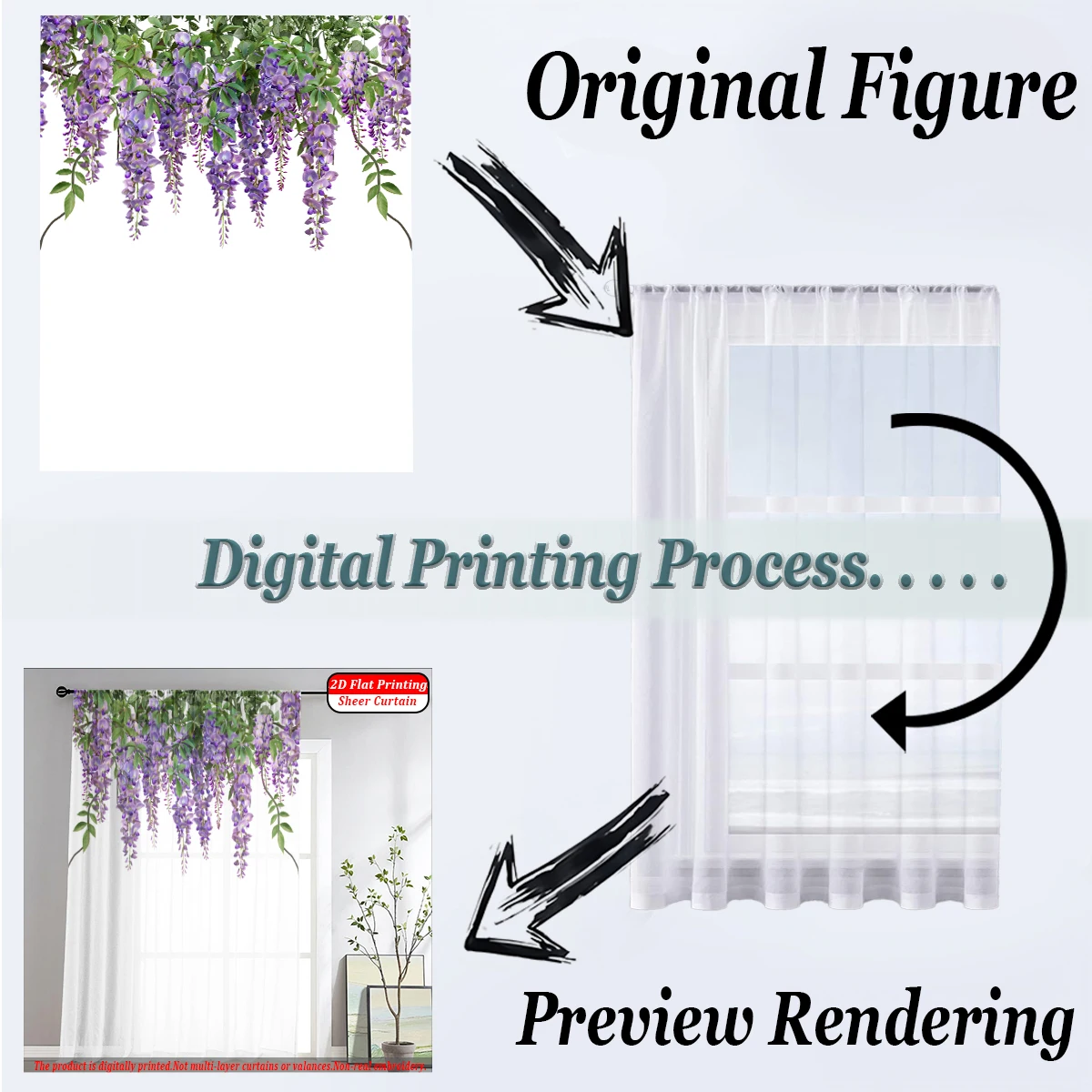 Purple Wisteria Flower Flat Printing Sheer Curtain，Light Fabric，for Living Room Bedroom Home Door and Window Decor - view 6