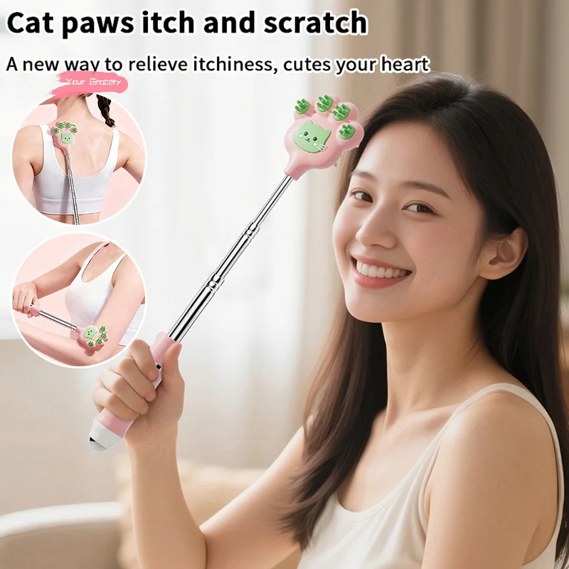 Gratte-pattes de chat en acier inoxydable, outil télescopique extensible pour le dos avec boule magnétique, Massage pour chats démangeaisons