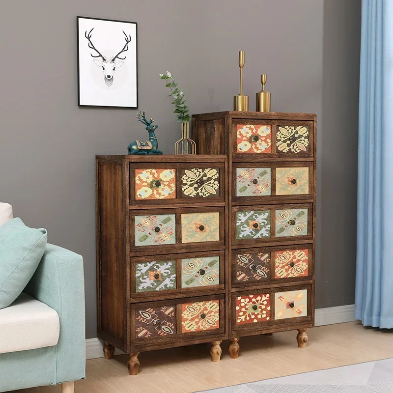 

Fashion Solid Wood Side Cabinet Multi-Layer Drawer Storage Rack Retro 50cm Sofa Side Cabinet Living Room Cabinets