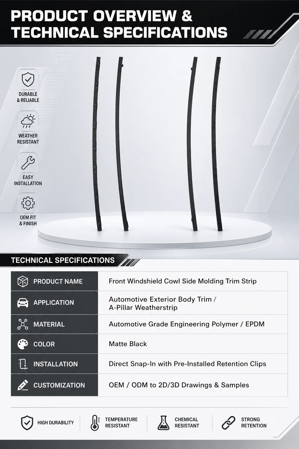 Front Windshield Cowl Side Molding Trim Strip
