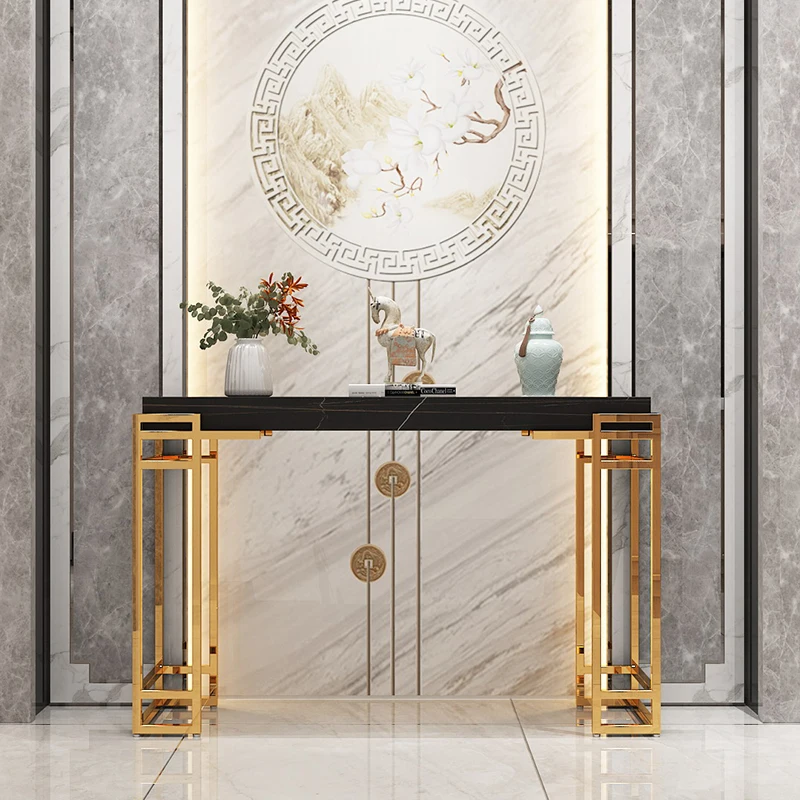 

New Chinese rock slab entrance table entrance platform light luxury entrance cabinet against the wall stainless steel rack