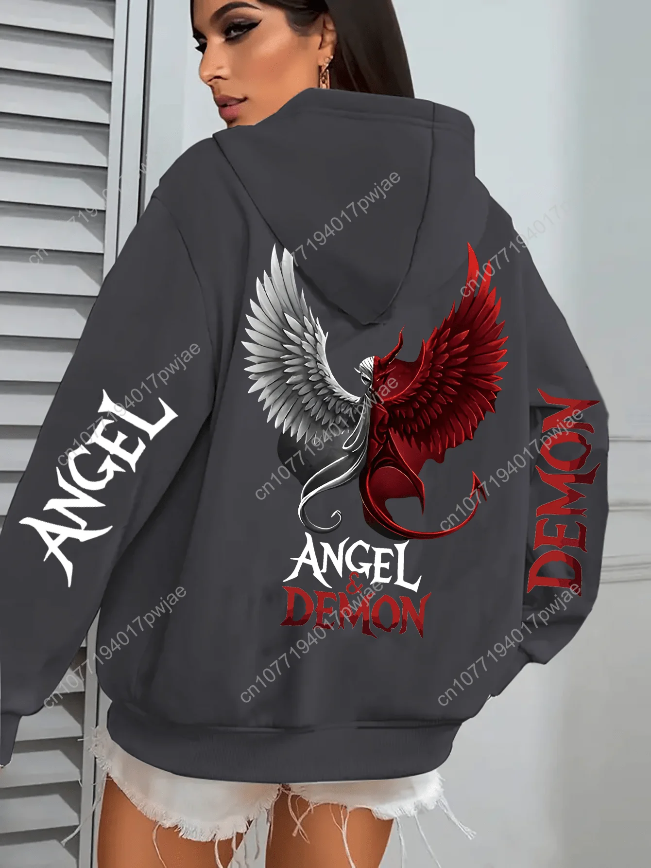 Sweater Berkerudung dengan Cetakan Malaikat dan Iblis |   Jaket Zip-up Modis dengan Kantong, Nyaman untuk Musim Gugur/Musim Dingin