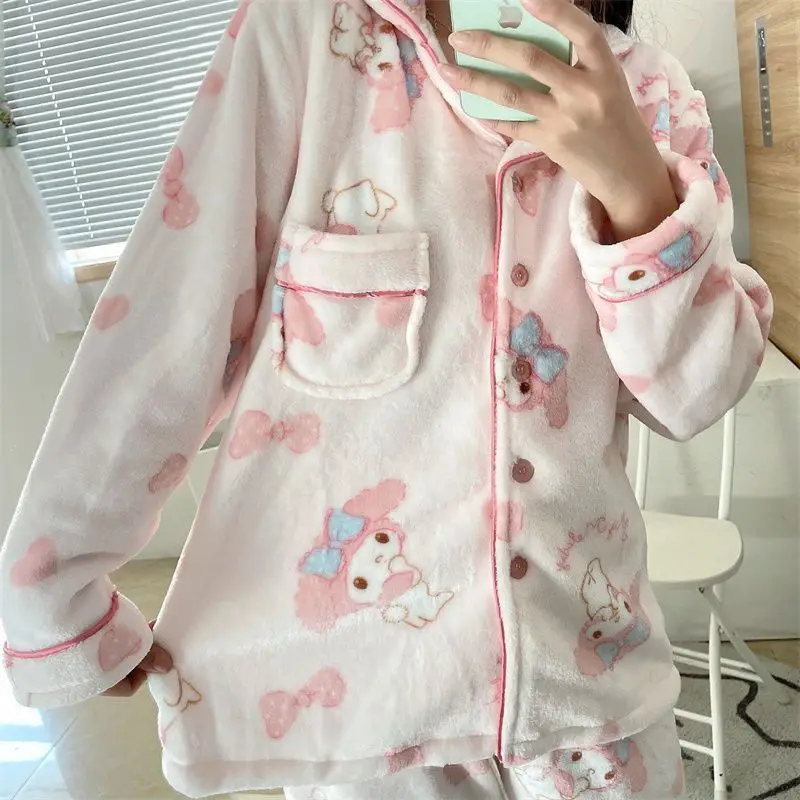 

Sanrio Pink My Melody Coral Velvet Pajamas Kawaii Soft Girl Pajama Sets Autumn Winter Flannel Home Garments pajamas for women