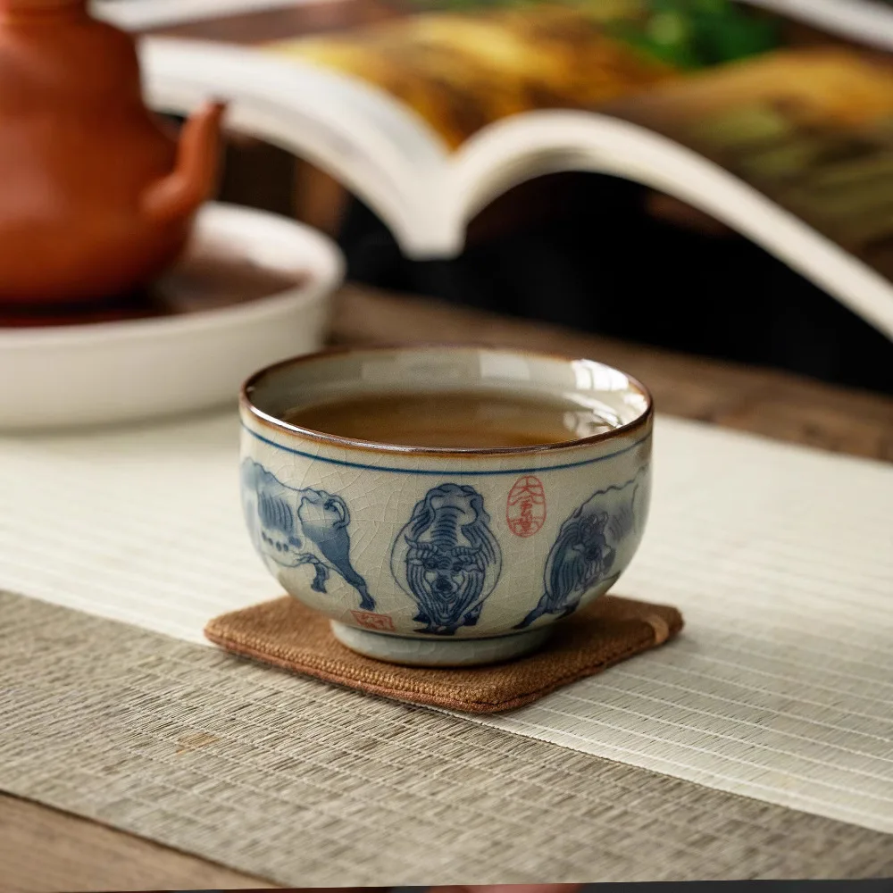 Old Clay Wood‑Fired Five Ox Pattern Master Tea Cup Antique Handmade Luxury Single Kung Fu Tasting Teacup For  Tea Ceremony Decor
