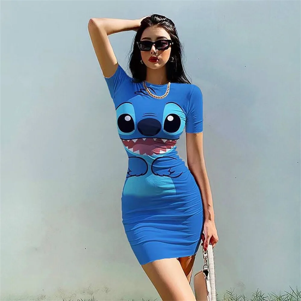 2025 Stitch Stitch bow 3D print women's pencil skirt summer street elastic slim sexy hip short sleeve tight sweet spicy style bo