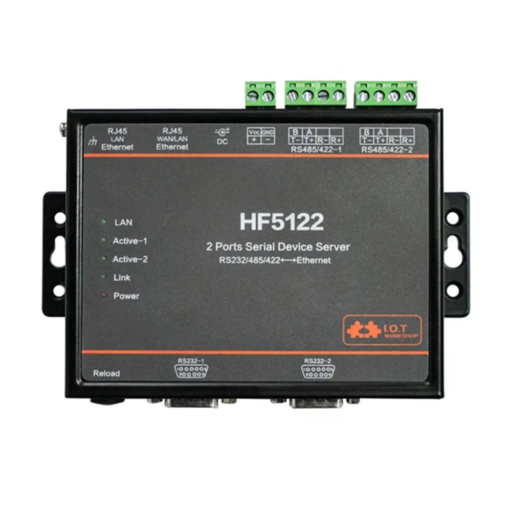 HF5122 Dual-Port Serial Device Server with 5~36VDC Wide Input Range and Embedded TCP/IP Network Protocol Stack
