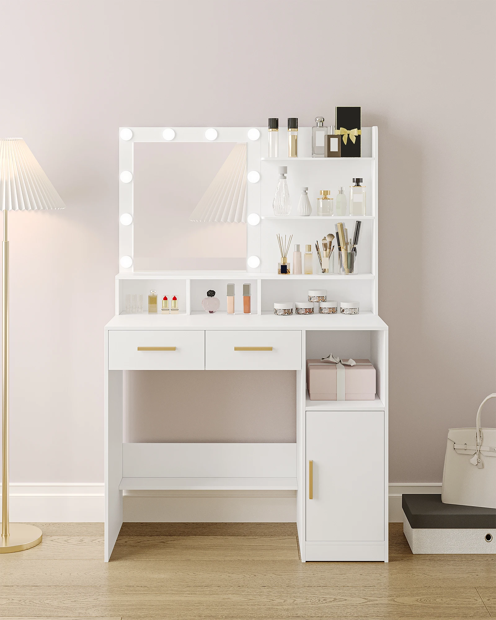 Coiffeuse Hzuaneri avec miroir et 10 lumières LED, avec 2 tiroirs et 1 armoire, 3 étagères et 4 compartiments ouverts