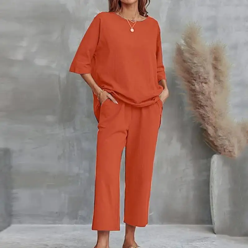 

Повседневный комплект из двух предметов из хлопка и льна для женщин, модный свободный крой, весна-лето, Новое поступление Ele Quali, студенческая работа, orm