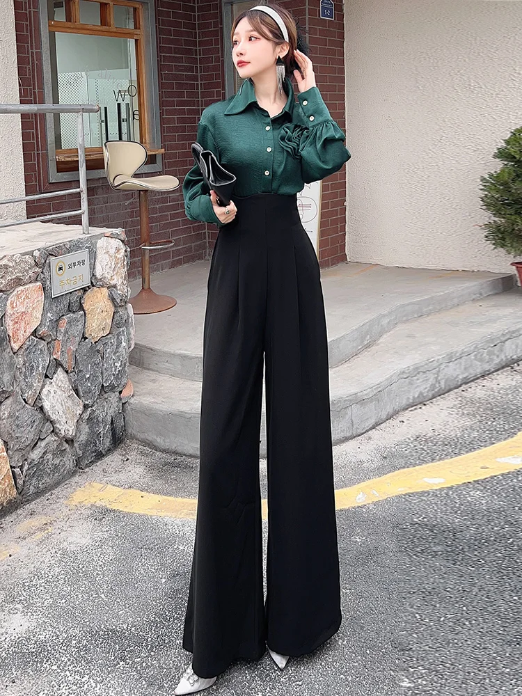 

Европейский модный комплект для женщин: утягивающая блузка с длинным рукавом и широкие брюки с высокой талией для осени и зимы