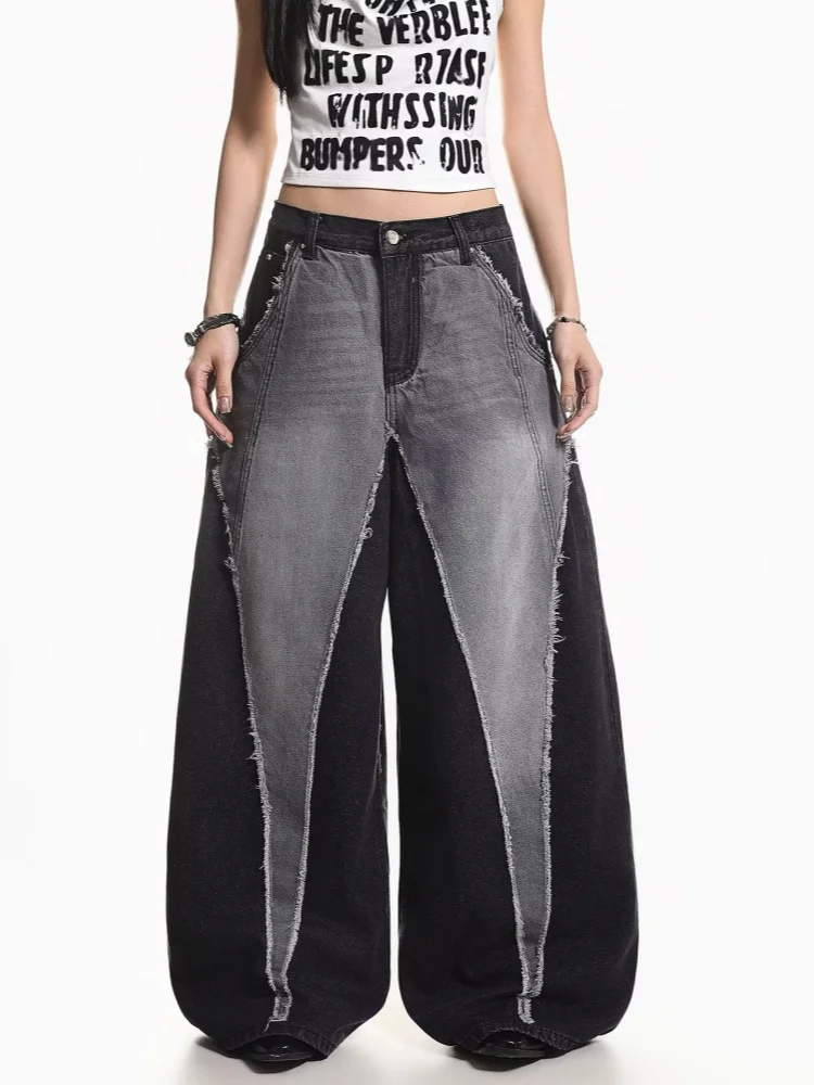 

2026 Cyber Y2K Streetwear Vintage Black Grey Patchwork Baggy Women's Stacked Jeans Pants Woman Clothing Loose Fit Long Trousers