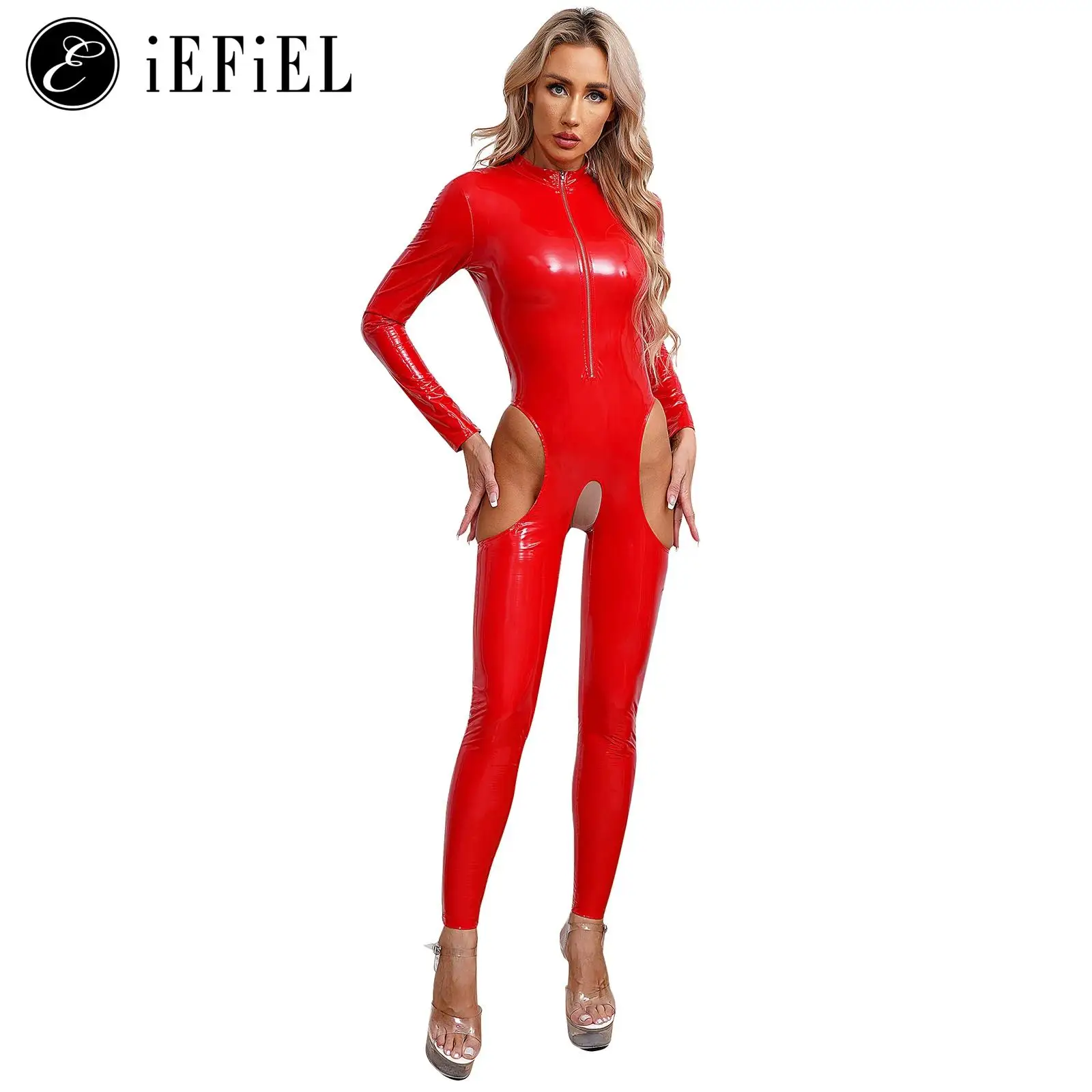 

Womens Wet Look Patent Leather Cutout Crotchless Jumpsuit Long Sleeve Hollow Out Skinny Bodysuit Catsuit Latex Clubwear