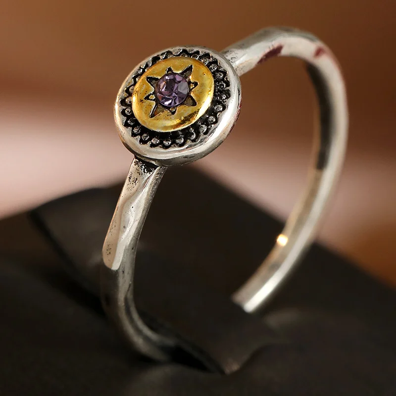 Women's Vintage Simple Thin Circle Ring Concave Convex Star Pattern Inlay Cubic Zircon Personality Fashion Jewelry Accessory