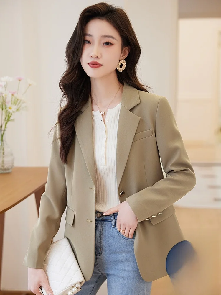 Caramel Color Women's Suit Jacket Casual Commute Style Fashionable Top Spring Autumn High Quality Polyester Fabric Coat