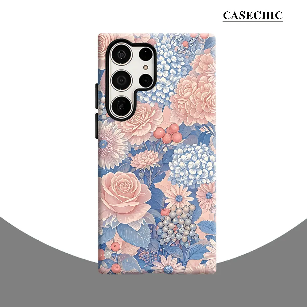 Blue Pink Floral Bouquet Phone Case for Samsung Galaxy S26 S25 Ultra S24 S23 Ultra Plus Shockproof Double layer tough Back Cover