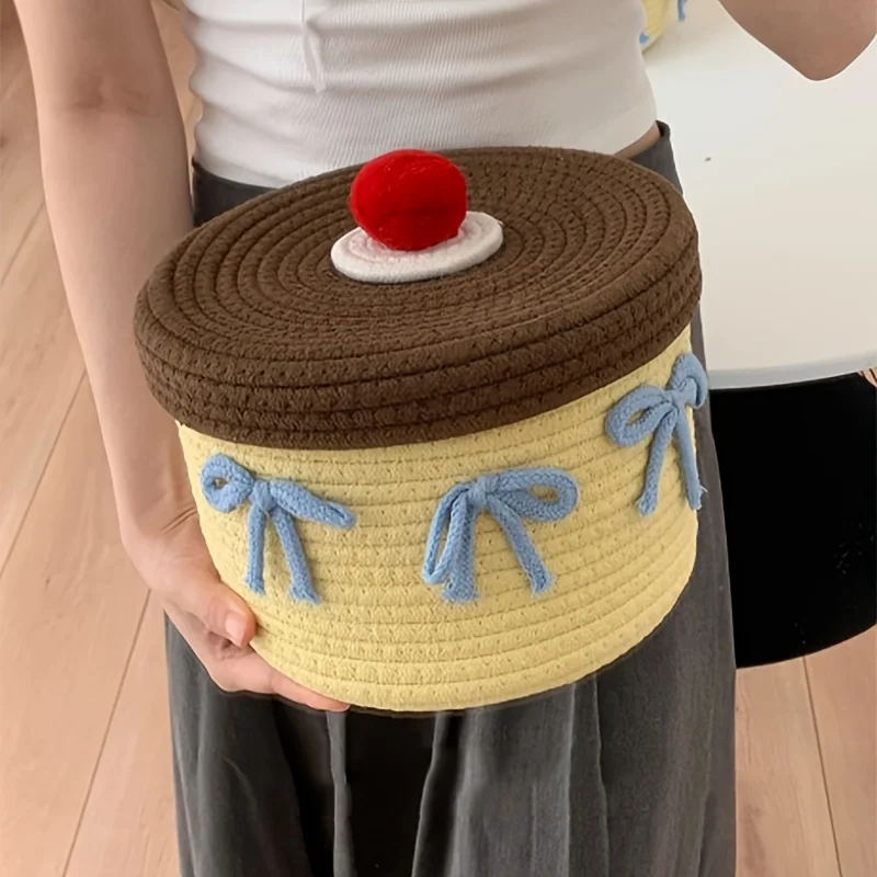 

Korean Style Cute Bow Weaving Storage Box with Lid Dustproof Storage Basket Entrance Hall Desktop Storage Home Decoration