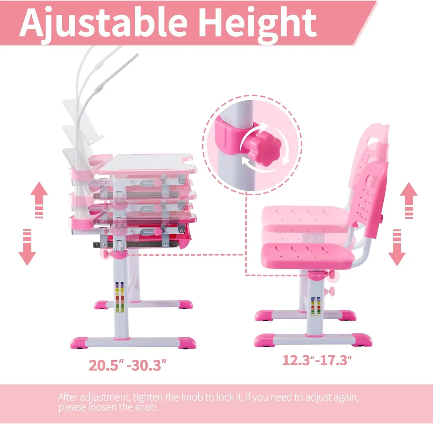 Kids Study Desk and Chair Set, Multi Functional Children School Study Desk with Tilt Desktop, LED Light for Boys Girls, Pink