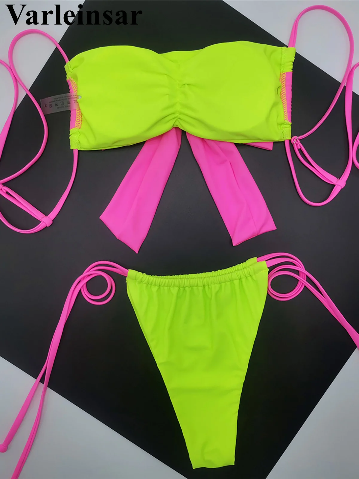 Splicing Bow Tie Strappy High Leg Cut Bikini Women Swimwear Female Swimsuit Two-pieces Bikini set Bather Bathing Suit Swim V6237