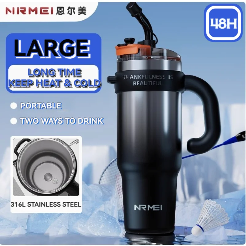 

1.2L Termos Tumbler Insulated Water Bottle Vacuum Flasks Coffee Cup Stainless Steel With Straw Lid Mug Large Handle Drinkware