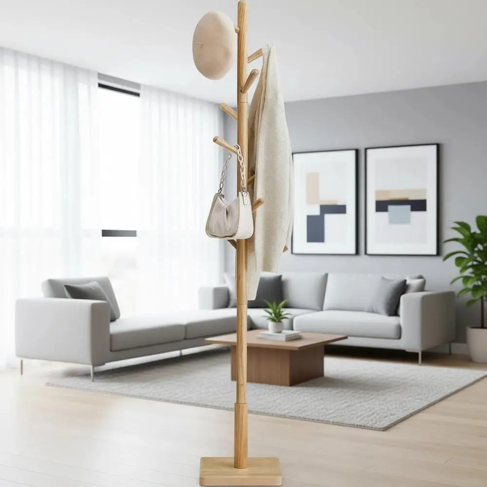 

Напольная деревянная вешалка для одежды с 8 крючками, регулируемая по высоте, идеально подходит для прихожей или коридора