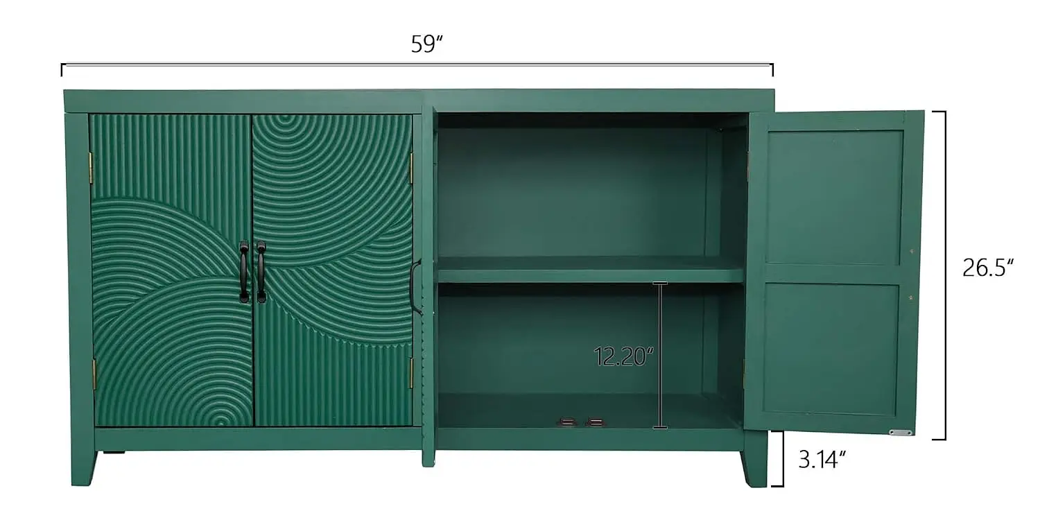 Green Solid Wood Sideboard Buffet with Storage Modern Wave Design Removable Shelves Kitchen Living Room Hallway, Customized