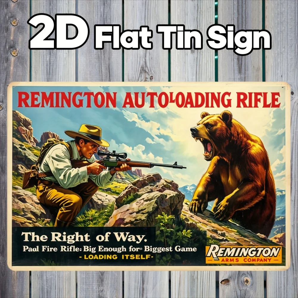Vintage Remington Auto-Loading Rifle Tin Sign -  Metal Wall Art with Bear Hunting Scene & Mountain Landscape - Big Game Huntin
