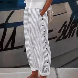 Hot Sale New Women's Loose Striped Casual Trousers 2026 Fashion Comfortable Cotton Pencil Pants Elastic Waist Pocket Pants Femme