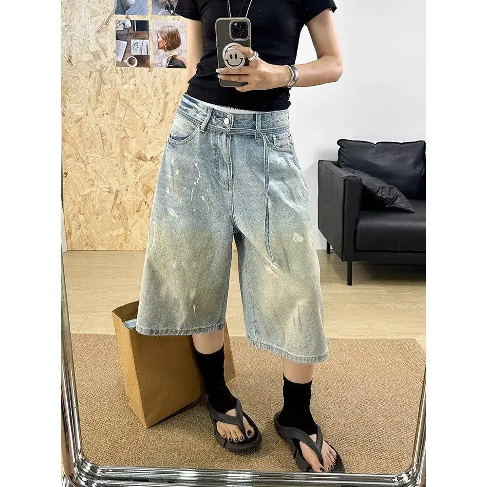 Men's American Style Design Loose Denim Shorts 2026 New Summer Wide Leg Patchwork Design Cropped Knee Length Pants