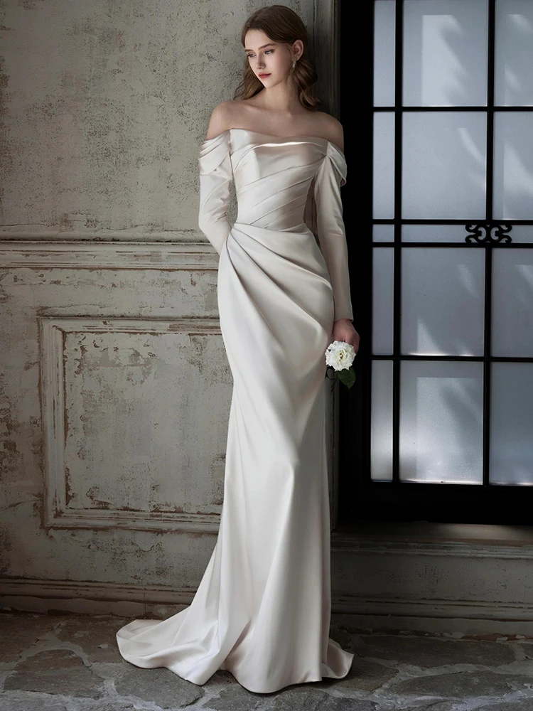 

Упрощенное атласное свадебное платье на одно плечо с длинным рукавом, белое, приталенное, в пол, для помолвки и вечерних мероприятий