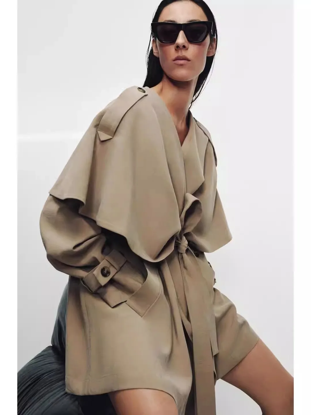 

Spring Women's V-neck Long Sleeve Knot Short Length Coat Drapey A-Line Outerwear Polyester Fiber Windproof Commute