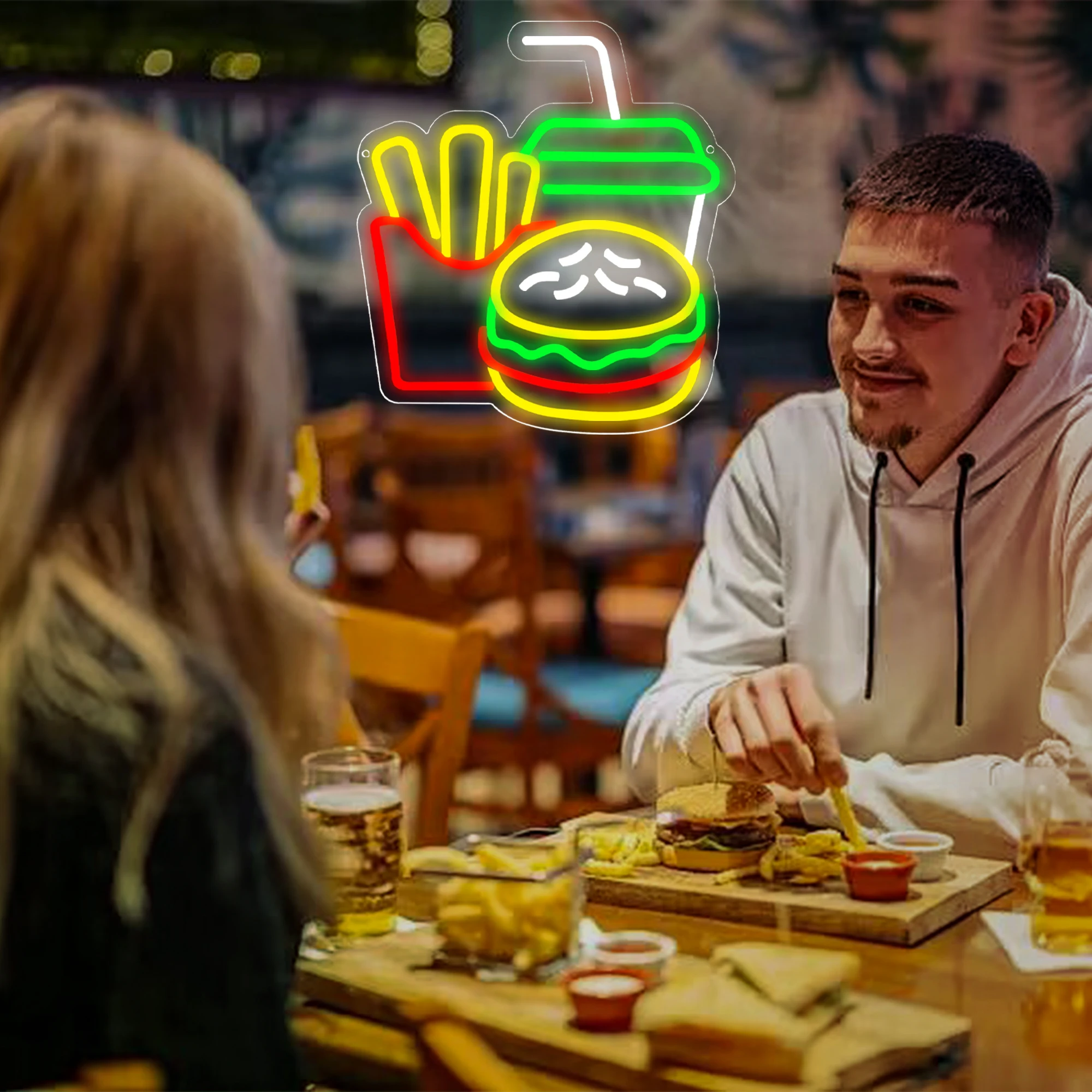 Insegna al neon per hamburger per hamburger Shop Decor Patatine fritte Luce al neon a LED Insegne aziendali per fast food per ristorante Negozio Alimentato tramite USB