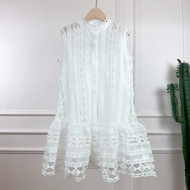 Summer New Lace Openwork A Line Sweet Sleeveless Vest Dress Women Fashion High Quality French Wedding Party Short Dress