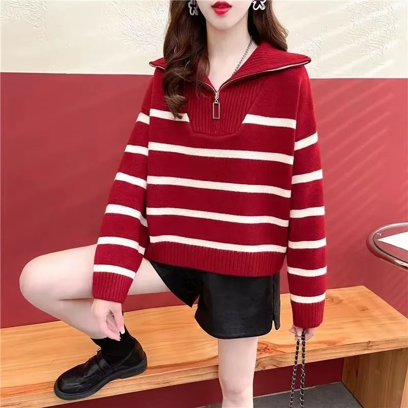 Women Pullovers Sweaters Striped Zipper Turn Down Collar Full Sleeve Loose Casual Jumpers Tops Splice Autumn Winter 2024