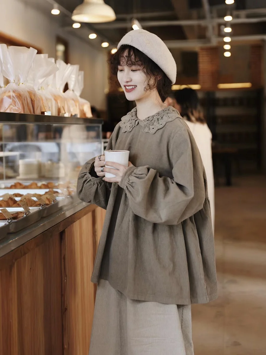 

Sweet Sle японский кукольный воротник свободный женский irt хлопок длинный све чистый цвет осень зима Faion художественная лесная система