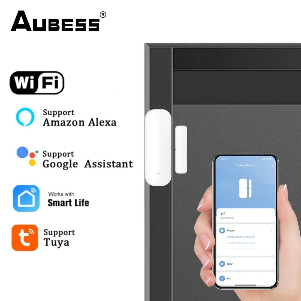 AUBESS-Sensor de ventana magnético independiente, Tuya, funciona con Google Home, Alexa, App de Control, Smart Life, sistema de alarma, Alexa, Wifi