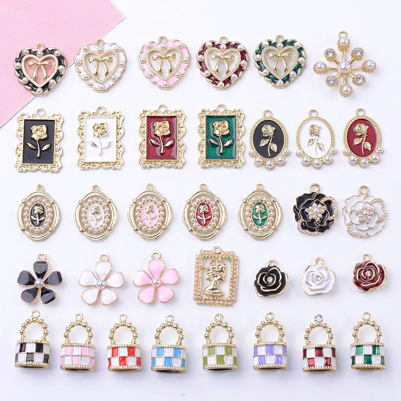 

100Pc set new peach heart bow hair accessories pendant dripping oil flower alloy pendant three-dimensional bucket handbag