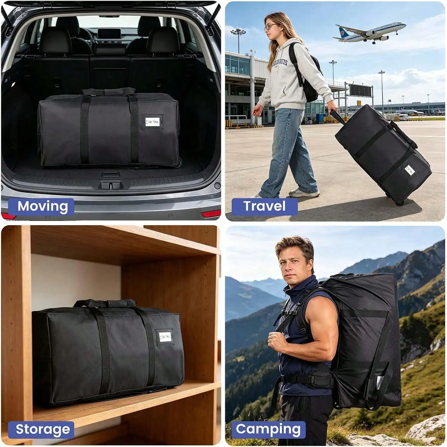 2PCS Heavy Duty Moving Bags With Wheels, 92L Foldable Rolling Duffle Bag, Extra Large Duffle Bag For Travel, Waterproof, Oxford, College Dorm Moving Bags, Packing Bags For Moving/Traveling/Camping