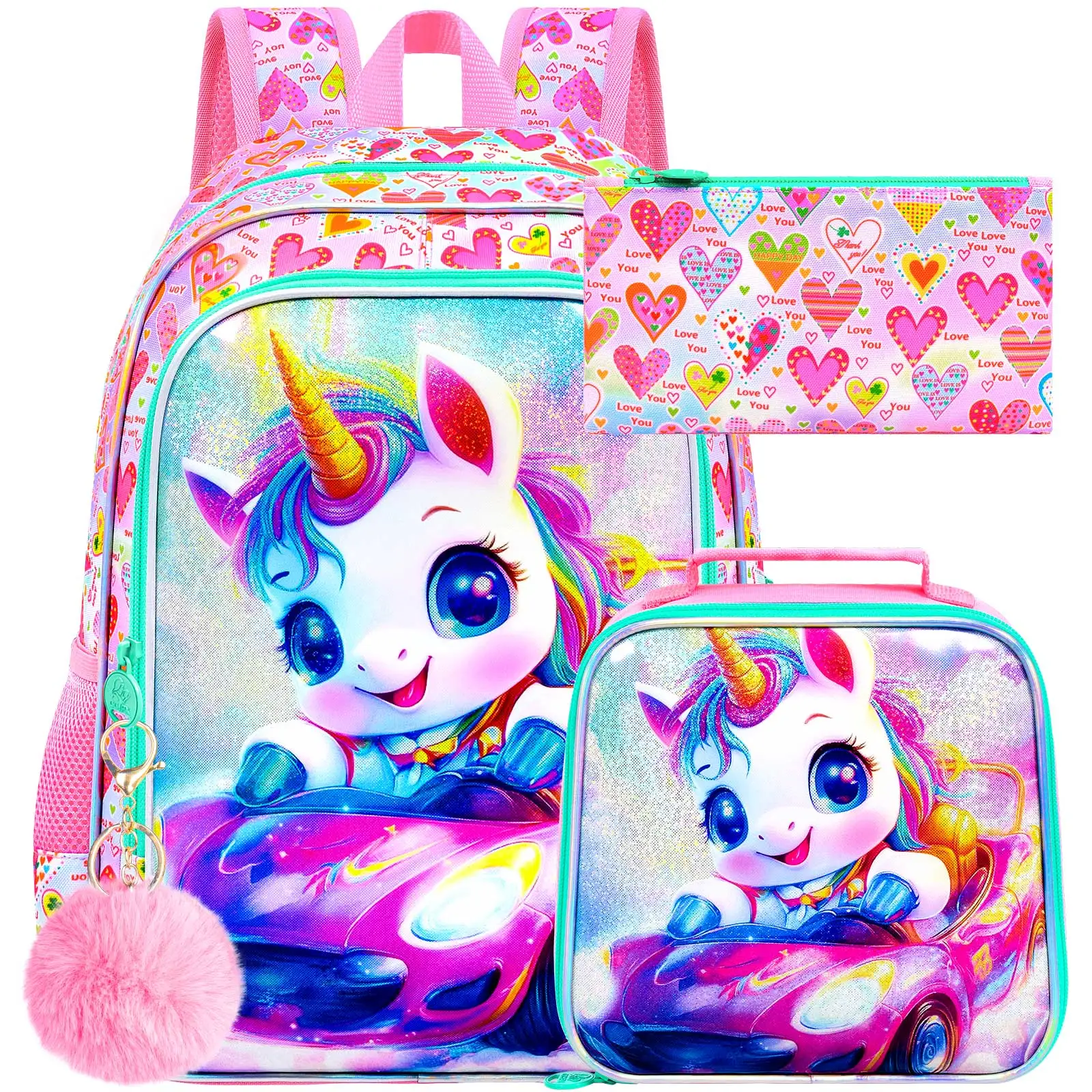 

3PCS Girls Unicorn Backpack, 16" Kids Bookbagand Lunch Box, Water Resistant Preschool Backpacks for Elementary Students