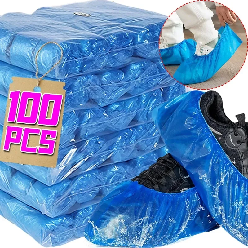 100PCS Portable Disposable Plastic Fabric Non-slip Wear Shoe Covers Waterproof Boot Covers Overshoes Rain Mud-proof Shoe Covers