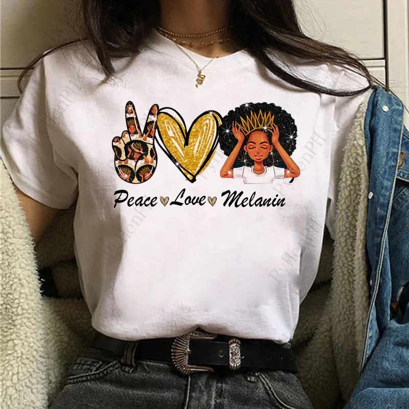 

Футболка с надписью «Peace Love Melanin», европейско-американская женская футболка с принтом «Wind Peace and Love», белая футболка с коротким рукавом и графическим принтом
