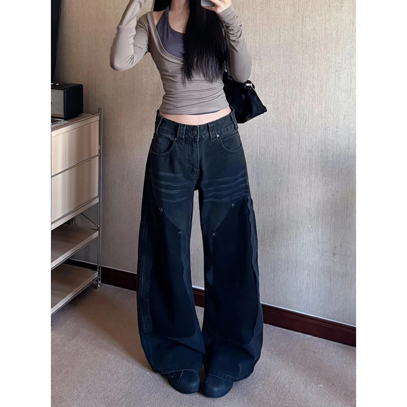 

ZHIZOU Women Vintage Splice Y2K Baggy Black Jeans Female High Waist 2000s Wide Leg Denim Pants American Retro Harajuku Trouser