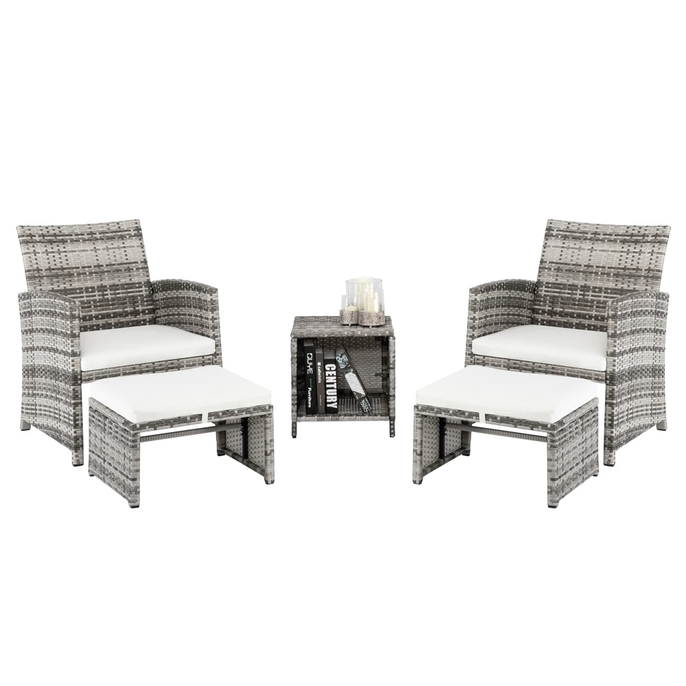 5Pcs Patio Furniture Set Include 2 Chairs 2 Footstools 1 Coffee Table High Quality PE Rattan&Iron Frame Gray Gradient[US-Stock]