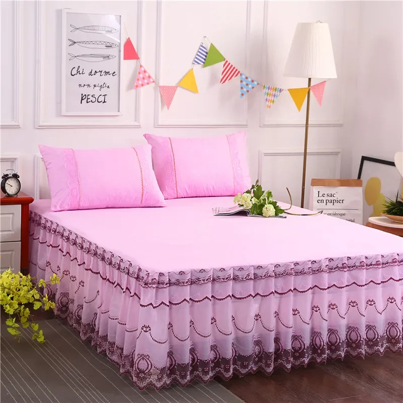 3pcs Set Bed Spread Princess Lace Bed Skirt Solid Color Luxury King Queen Bedspread with 2pcs Pillowcase