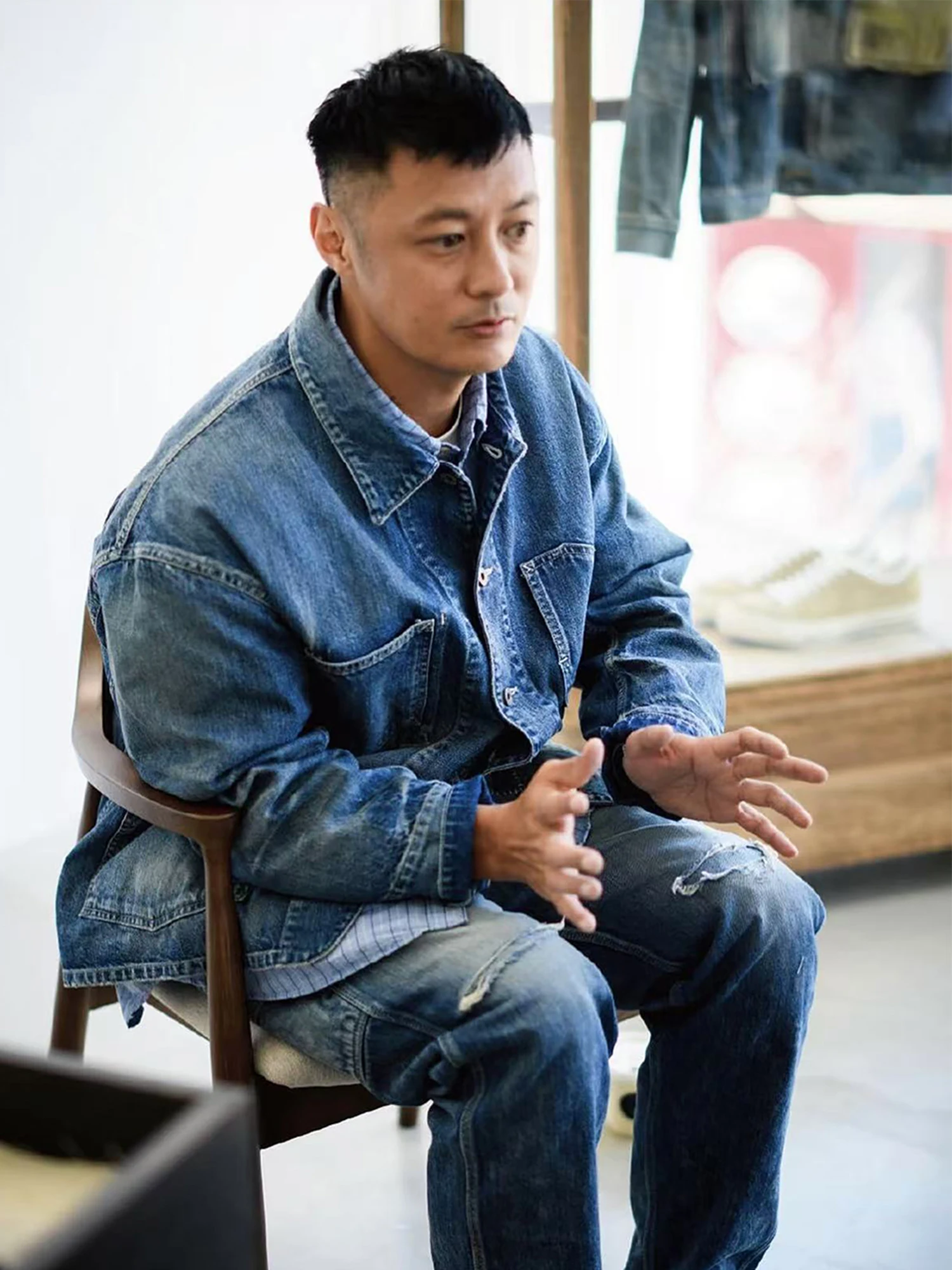 

MADN Youth Denim Jaet Vintage Waed Railway Workwear Multiple kets Loose Fit Long Sve Cotton Outerwear