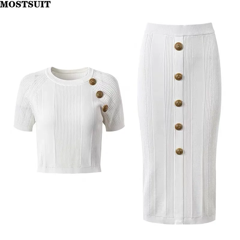 Vintage Slim Knit 2 Pcs Skirt Sets Women 2024 Summer Gold Buttons Short Sleeve Sweater + Pencil Long Skirt Outfits Matching Set