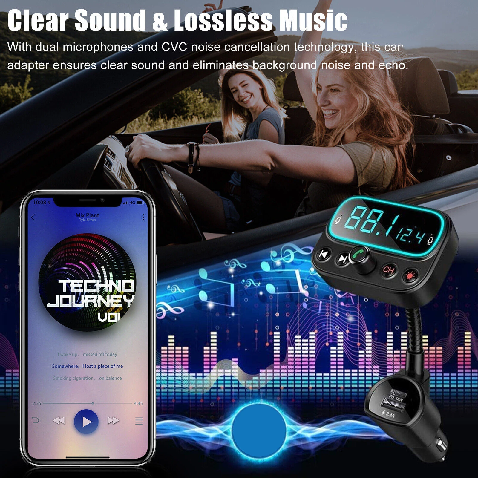 Car Wireless Bluetooth FM Transmitter 3 USB-C PD Fast Charging 2.0'' LCD Display Monitor 9 Color Backlight Hands-Free Calling