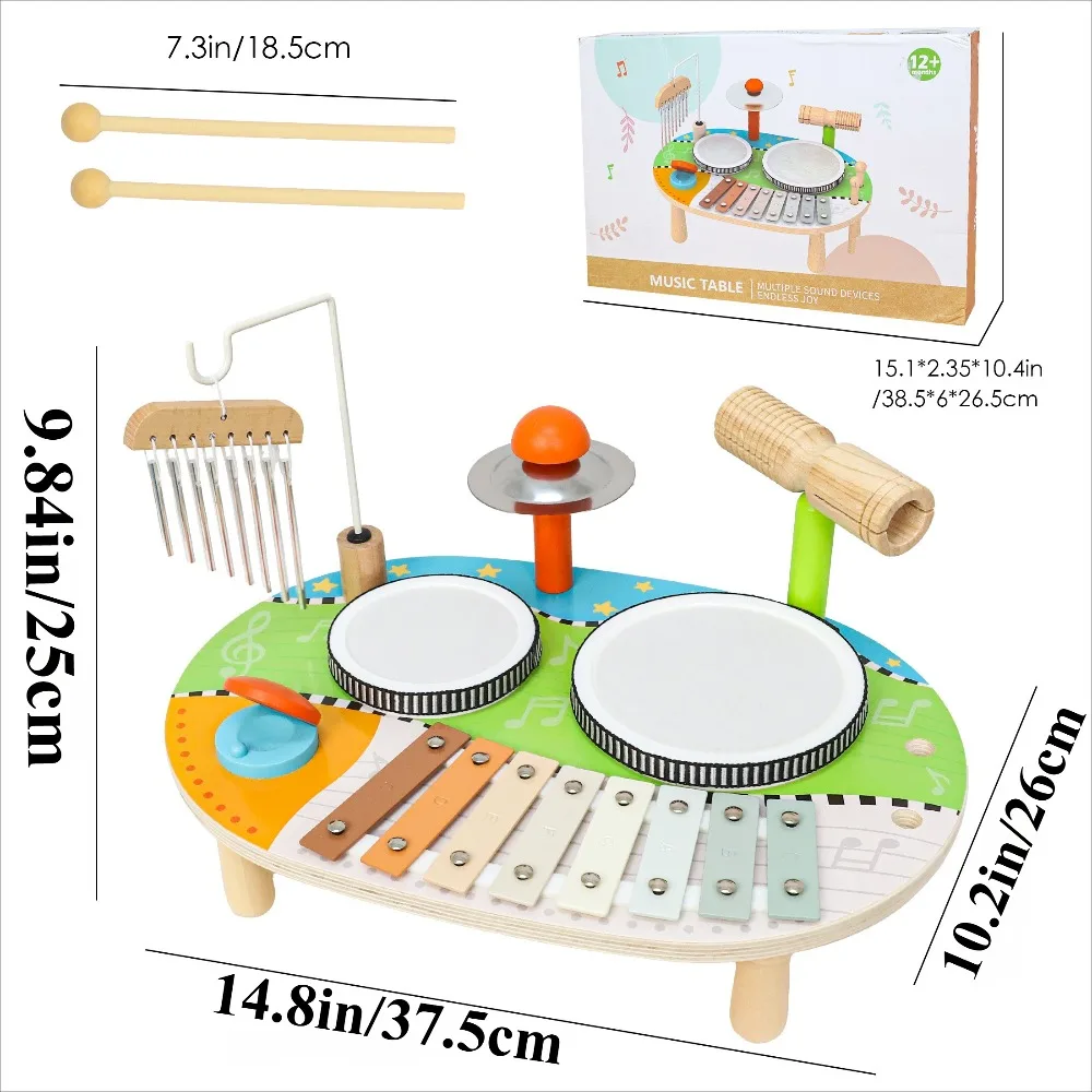 Conjunto de tambor infantil para crianças, instrumentos musicais de madeira, brinquedos educativos para bebês, xilofone, carrilhão de vento, presentes de aniversário para meninos e meninas
