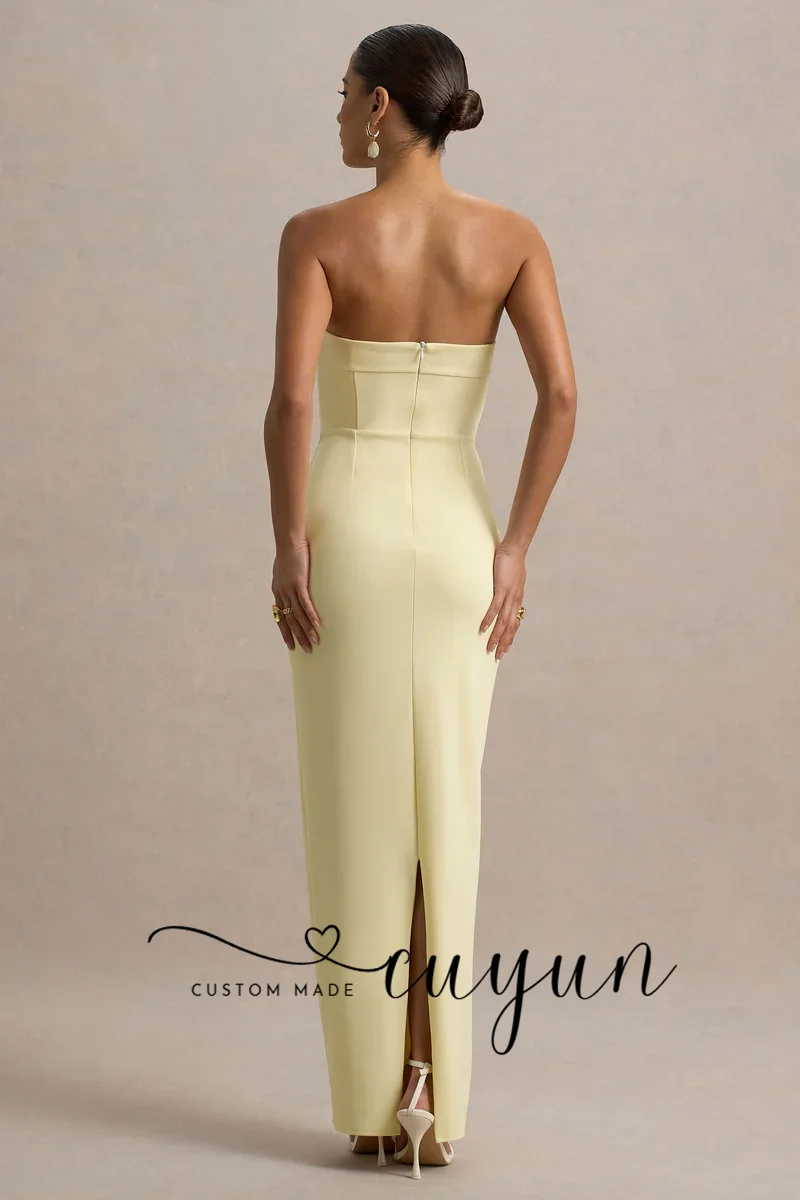 CUYUN Aangepaste Lichtgeel Strapless Boog Feestjurk voor Speciale Gelegenheden Terug Split Vloerlengte Avondjurk Diner Jurk