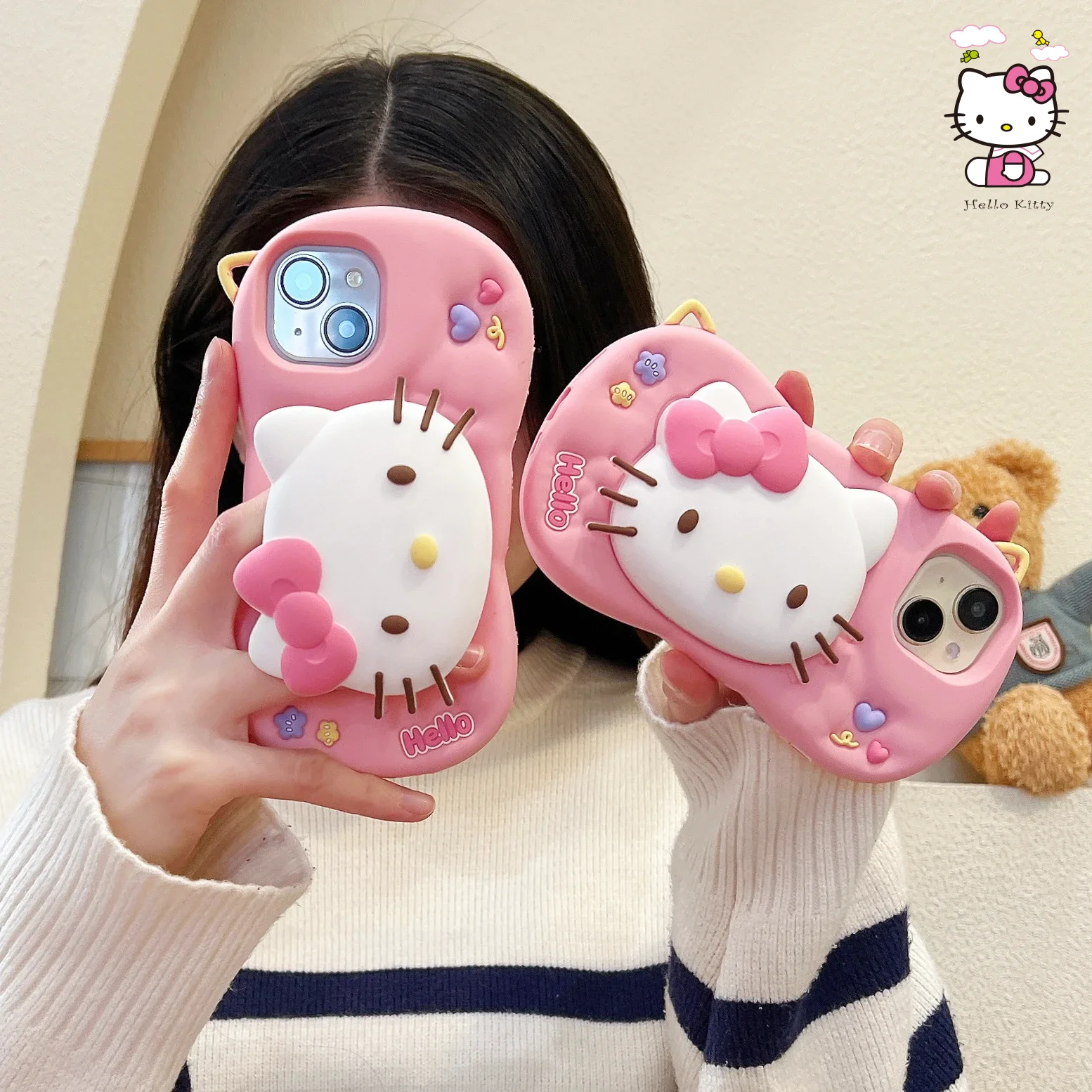 

Cute Hello Kitty Phone Grip Tok Holder For iPhone 17 16 15 14 13 12 Pro Max Plus 17 Pro Soft Silicone 3D Case Cover with Strap