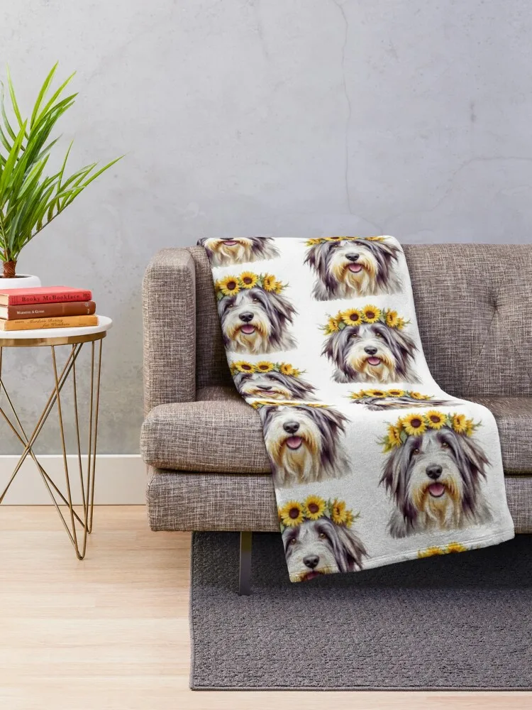 Bearded Collie Wearing Sunflower Crown Throw Blanket Plush Personalized Gift Luxury Thicken Blankets